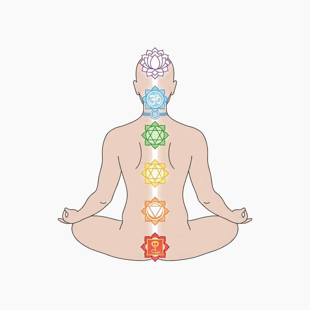 Diagram of the seven chakras along the Sushumna Nadi energy channel used in spiritual yoga practice.
