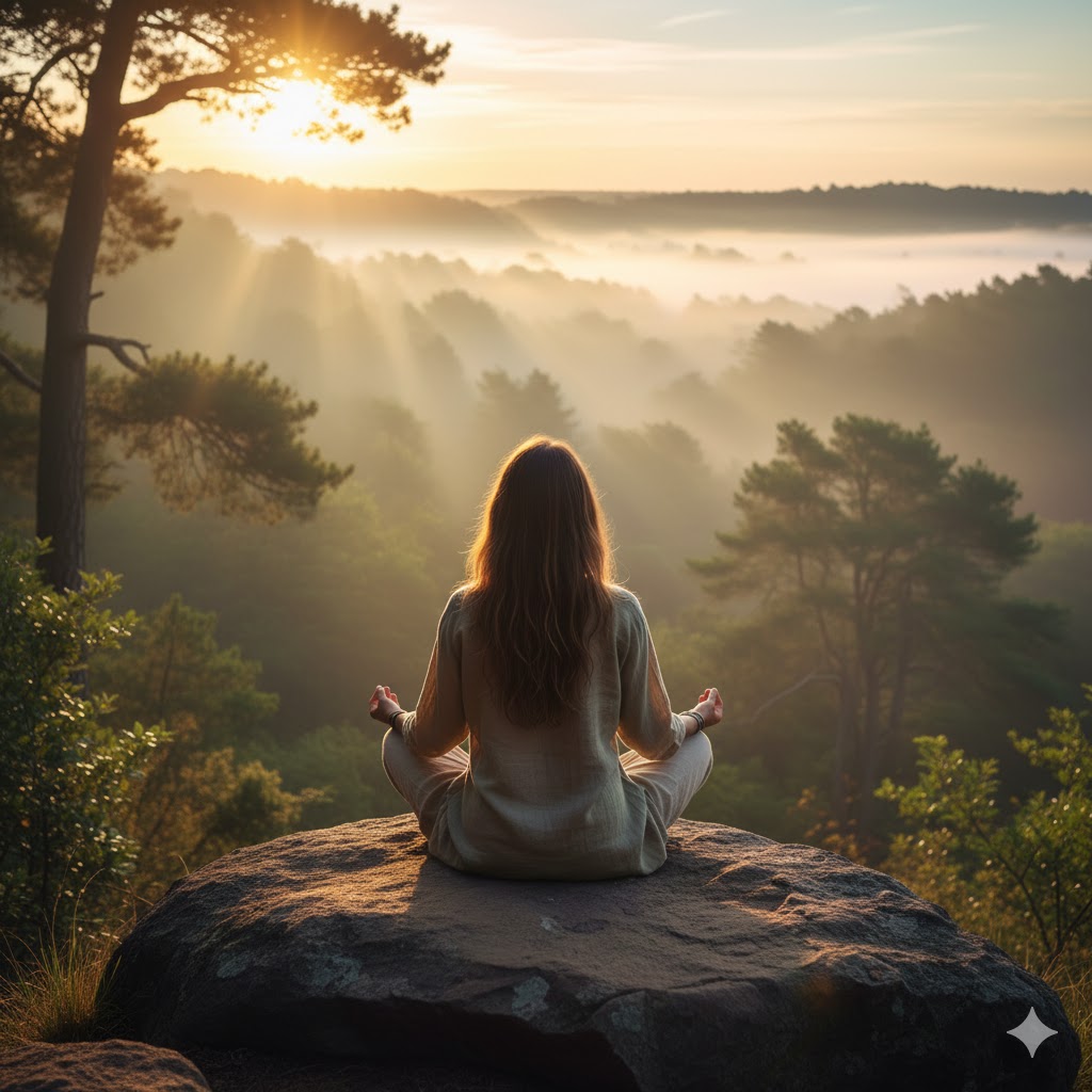 A person practising spiritual awakening yoga meditation at sunrise, connecting with inner peace.