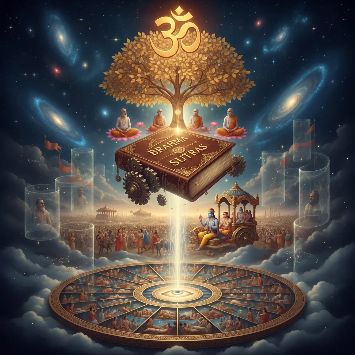 An ornate Brahma Sutras book beneath Om and a golden tree, with sages and Krishna and Arjuna in a chariot.