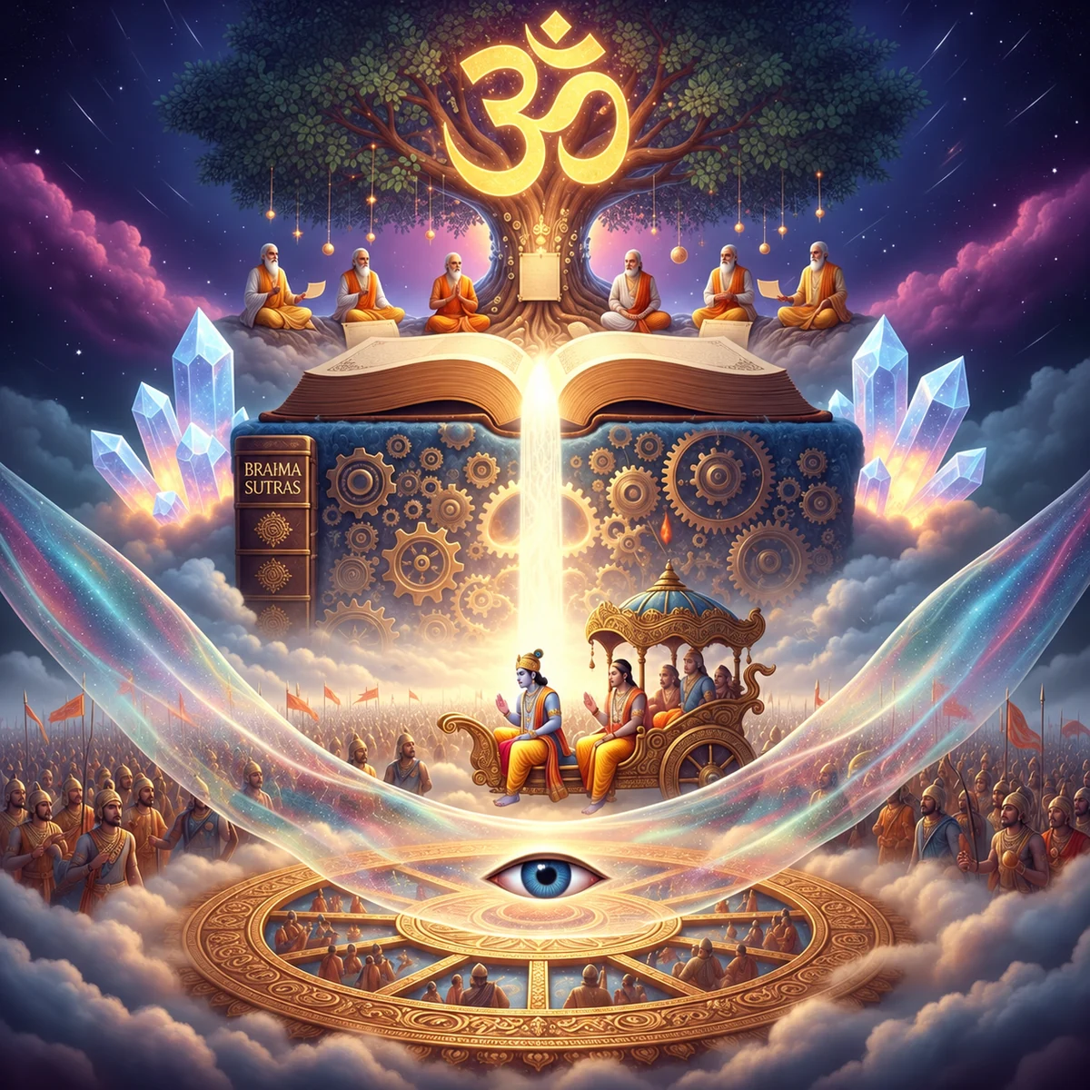 Bhagavad Gita Brahma Sutras and Upanishads - 3 Om and sages above an open book, with a Brahma Sutras volume and Krishna and Arjuna in a luminous chariot scene.