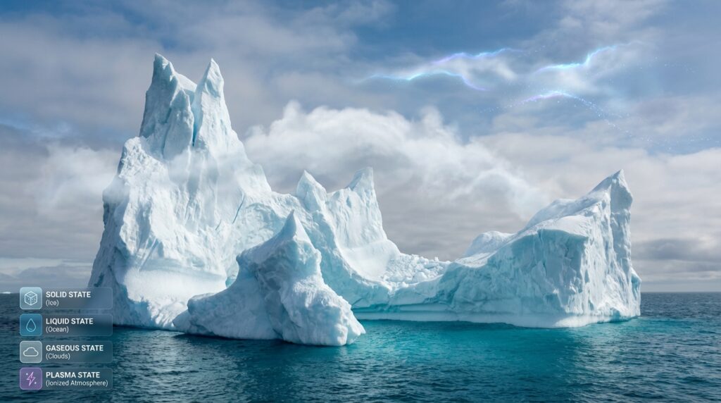 water as solid ice liquid water gas lower clouds plasma distant clouds