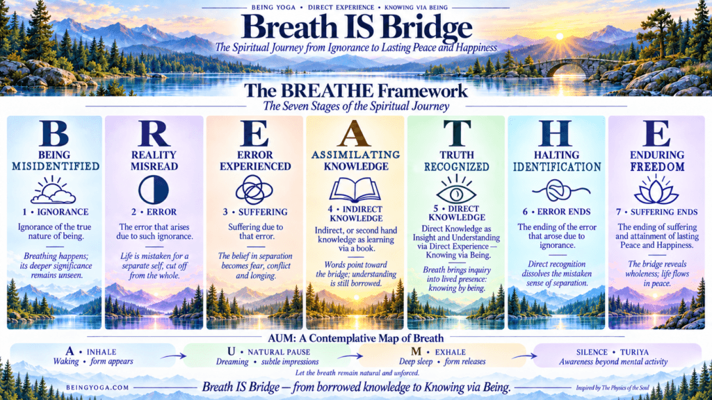 BREATHE Framework diagram: seven parts from Being Misidentified to Enduring Freedom, with a contemplative map of breath.