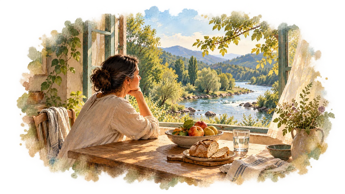 A woman pauses beside an open window overlooking a river, with fruit, bread and water on a sunlit table.