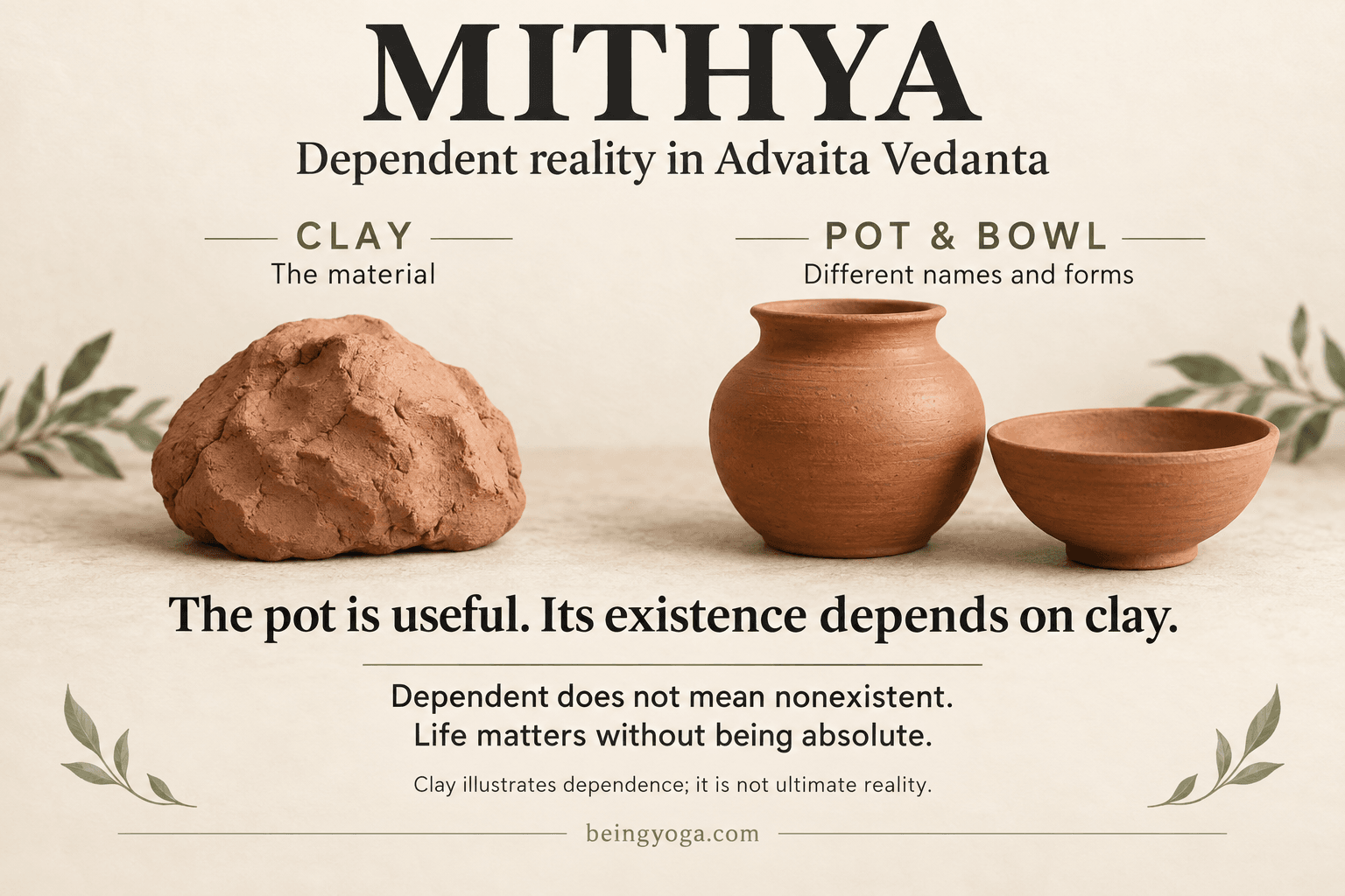 Mithya in Advaita Vedanta: Beyond Real and Fake Clay, a pot, and a bowl illustrate Mithya: useful forms depend on their underlying material.