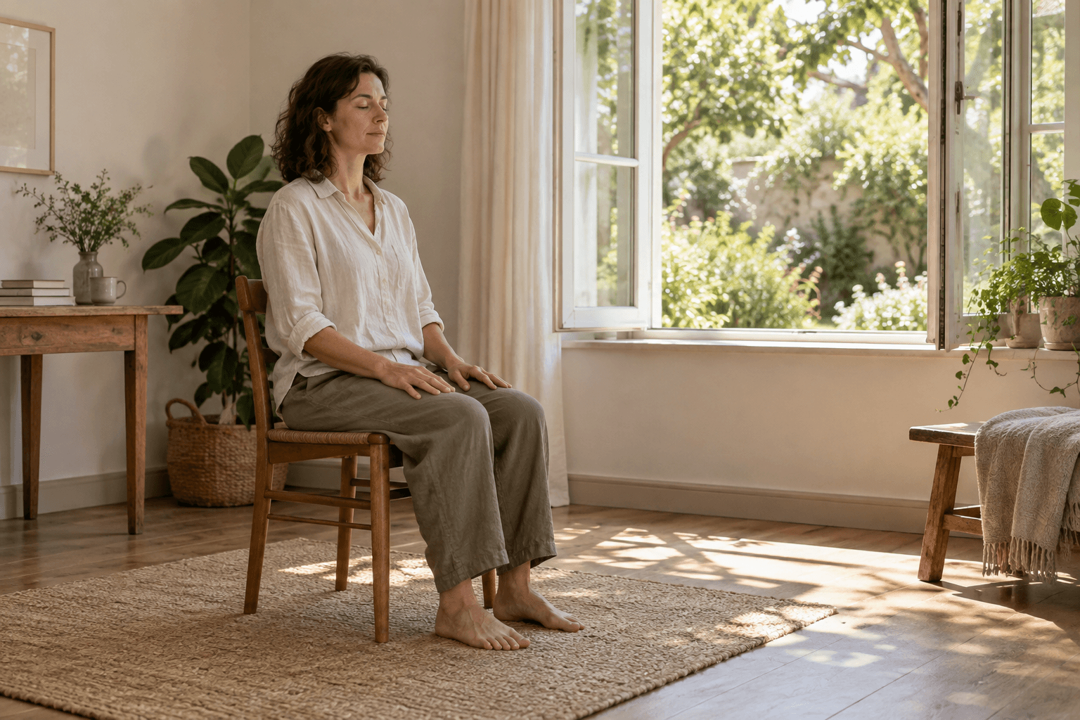 An adult meditates seated on a wooden chair beside an open garden window, with hands resting on the thighs and feet on the floor.