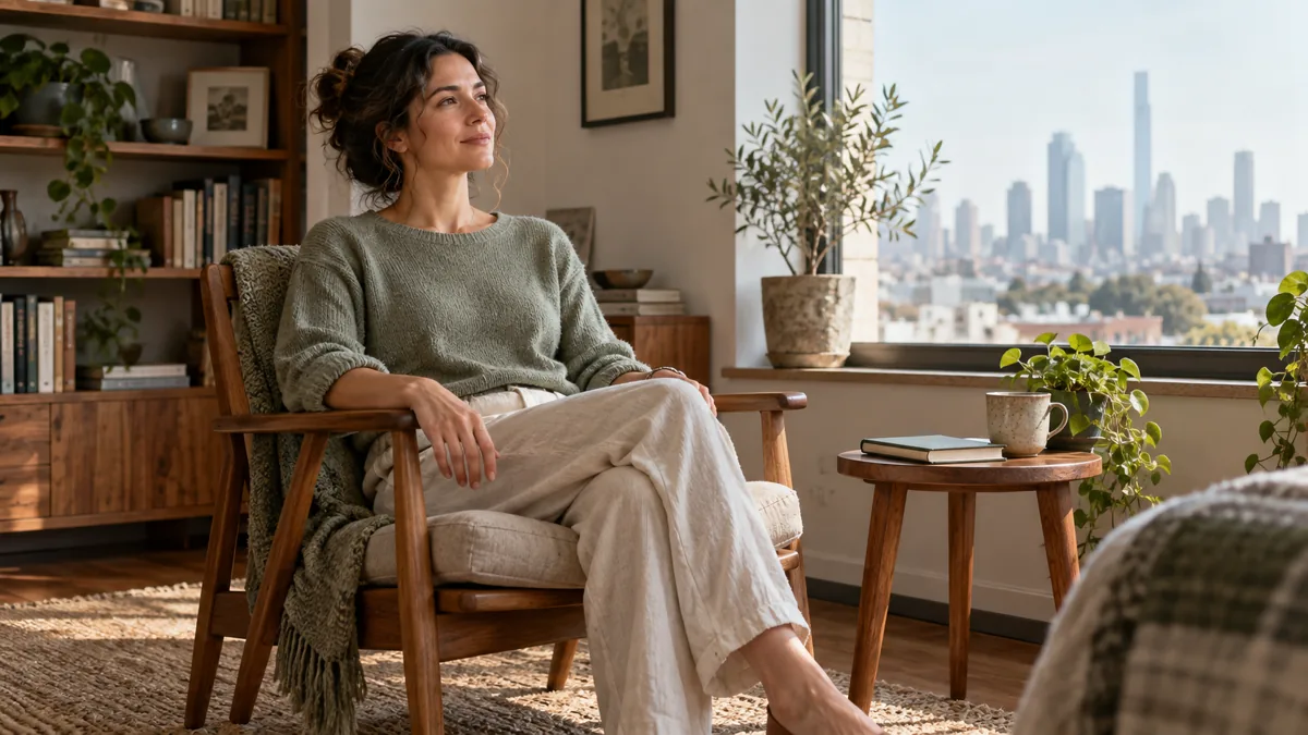 Woman sitting comfortably in a wooden chair beside a city window.