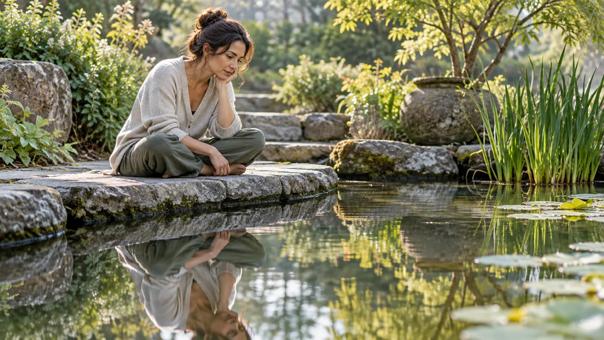 Woman seated beside a garden pond, looking at her reflection in the water.