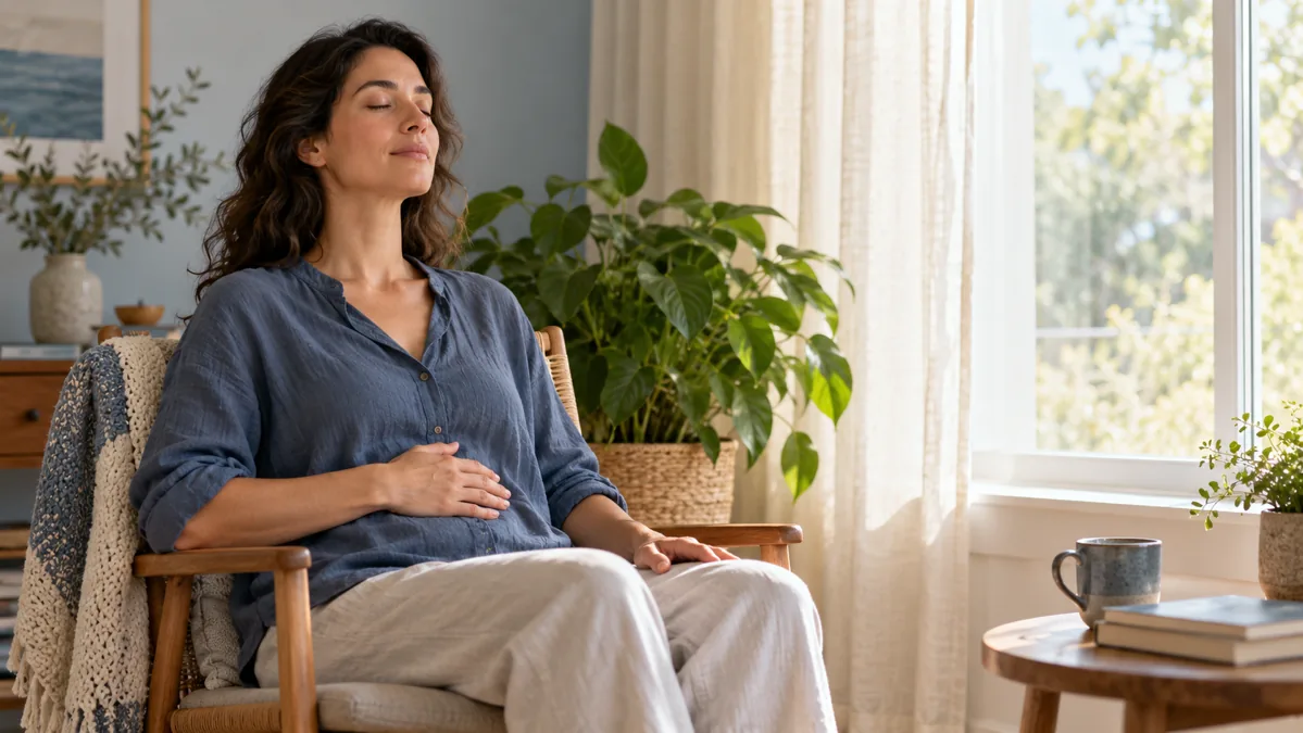 Woman sitting with eyes closed and one hand resting gently on her abdomen.