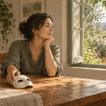 When Spiritual Understanding Becomes Another Identity A woman rests a plain mask on a wooden table while looking through an open window toward a sunlit garden.
