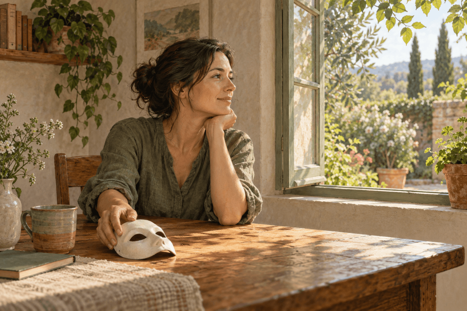 A woman rests a plain mask on a wooden table while looking through an open window toward a sunlit garden.