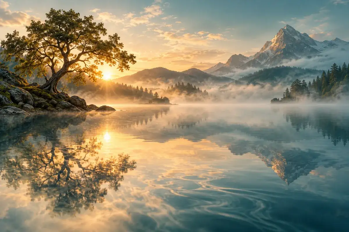 A tree and mountain reflected in a misty lake at dawn, with ripples softening the reflection.