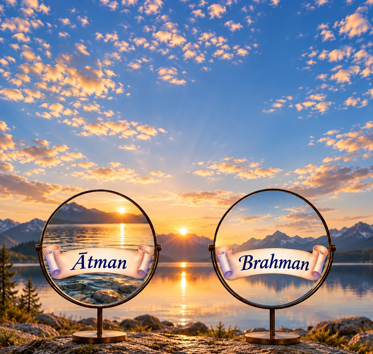 Two brass teaching lenses labelled Ātman and Brahman beside a mountain lake under a vast dawn sky.