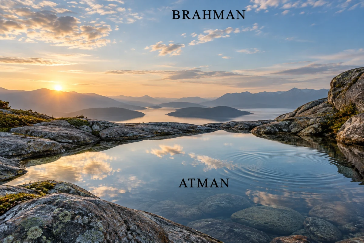 Aparokshanubhuti: Direct Self-Realization through Knowing via Being Morning sky labelled Brahman reflected in a still rocky pool labelled Atman, illustrating Atman is Brahman.