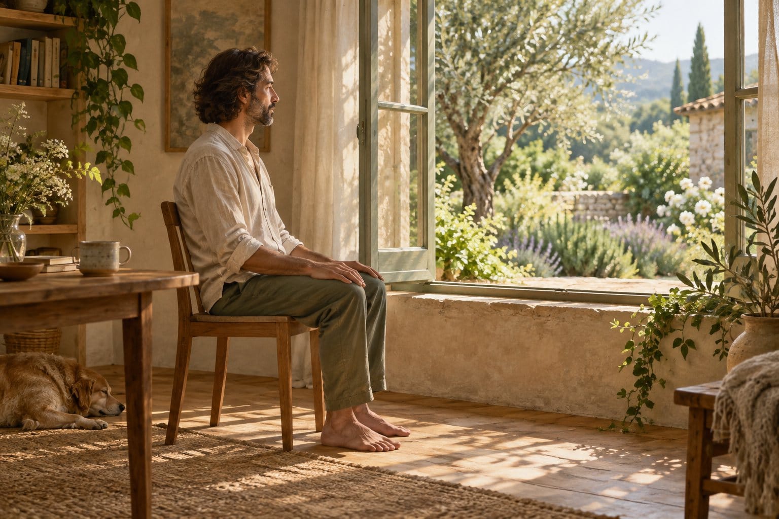 Illustration of a person sitting attentively on a wooden chair beside an open window overlooking a garden.