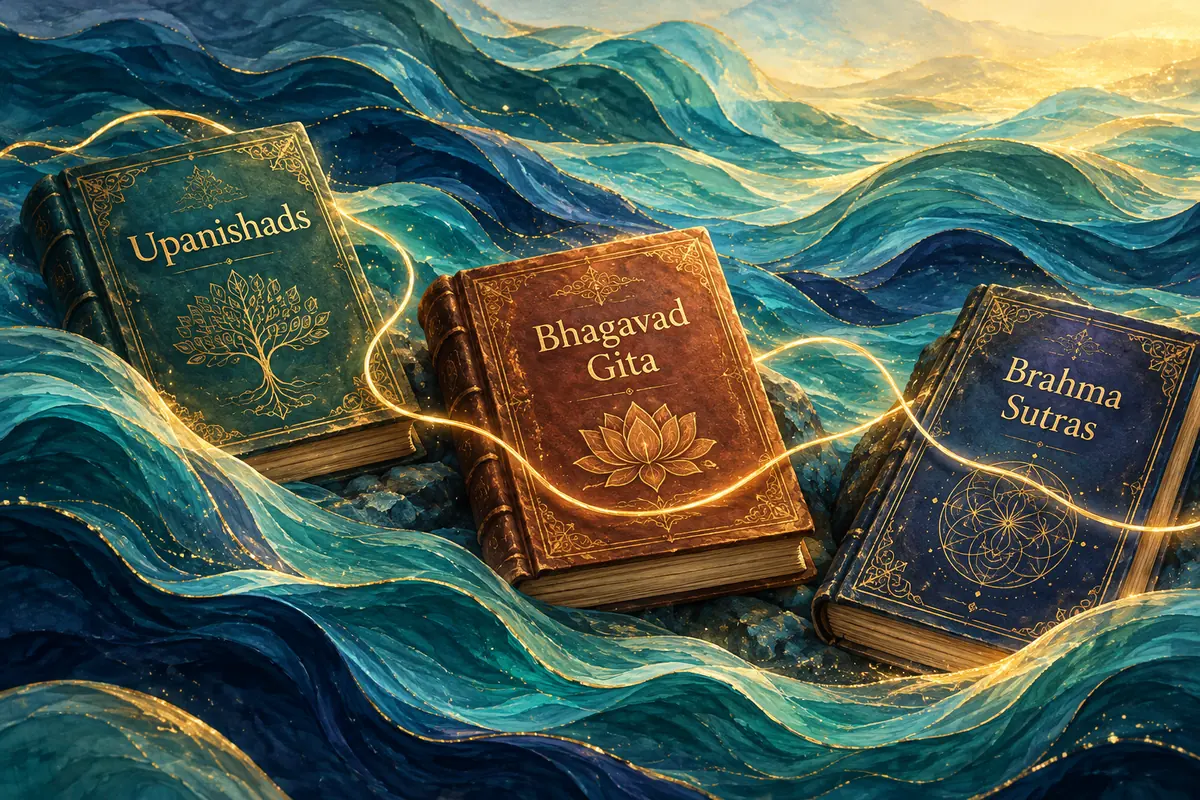 The Upanishads, Bhagavad Gita and Brahma Sutras connected by a golden thread among teal and indigo waves.