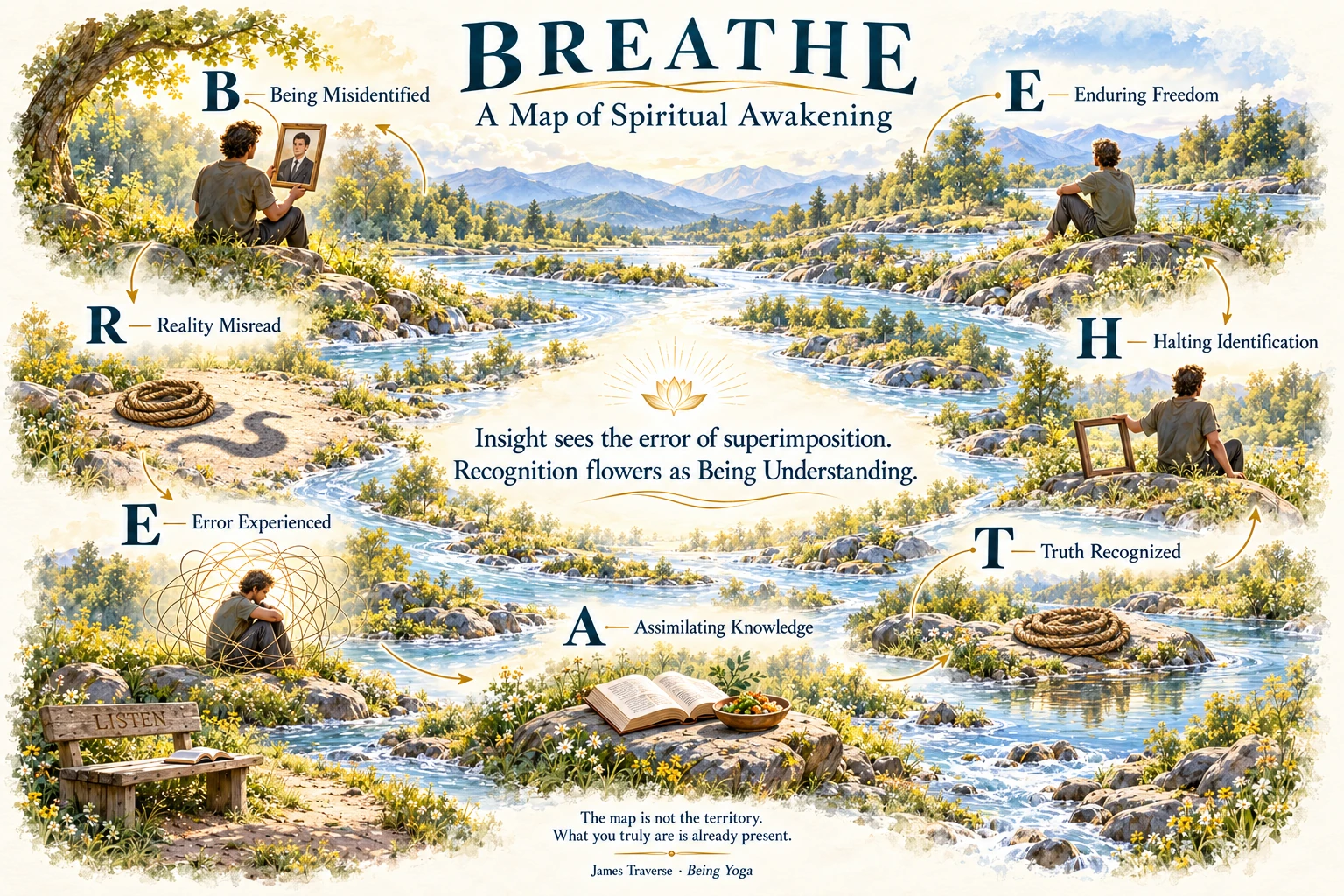 Explore the seven BREATHE inquiries through a riverside visual map.