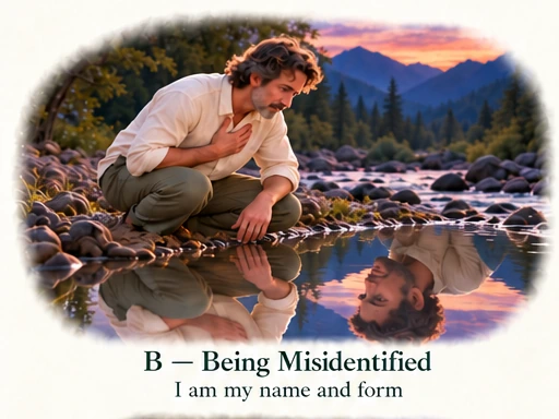 If You Are Already Whole, Why Practise? B — Being Misidentified: I am my name and form. A man identifies with his clear reflection in river water.