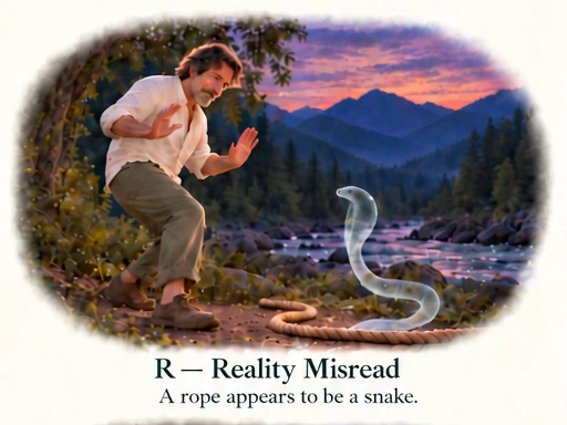 If You Are Already Whole, Why Practise? R — Reality Misread: A rope appears to be a snake. The man recoils from a transparent snake superimposed on a rope.