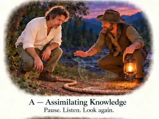If You Are Already Whole, Why Practise? A — Assimilating Knowledge: Pause. Listen. Look again. A companion holds a lantern to one side while the snake remains a faint outline.