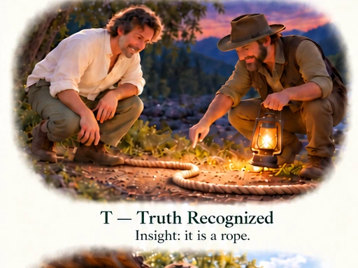 If You Are Already Whole, Why Practise? T — Truth Recognized: Insight: it is a rope. Lantern light reveals the rope and the man smiles with relief.
