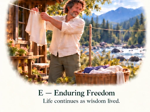 If You Are Already Whole, Why Practise? E — Enduring Freedom: Life continues as wisdom lived. The man hangs laundry beside the river.