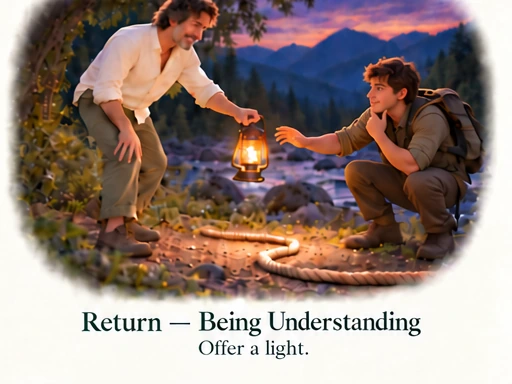 If You Are Already Whole, Why Practise? Return — Being Understanding: Offer a light. A calm, curious younger traveller touches his chin with one hand and reaches with the other to receive the lantern.