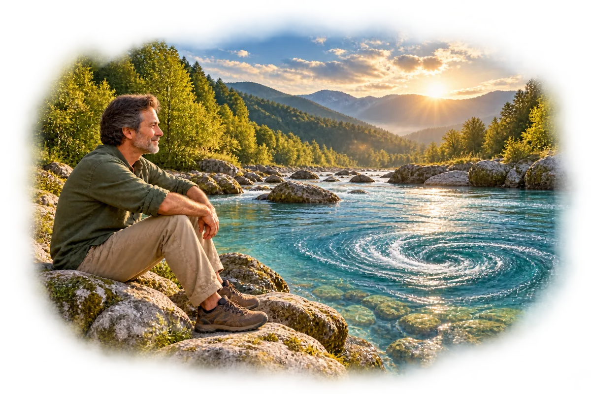 A man sits beside a sunlit river, looking toward a gentle whirlpool in the continuous flow of water.