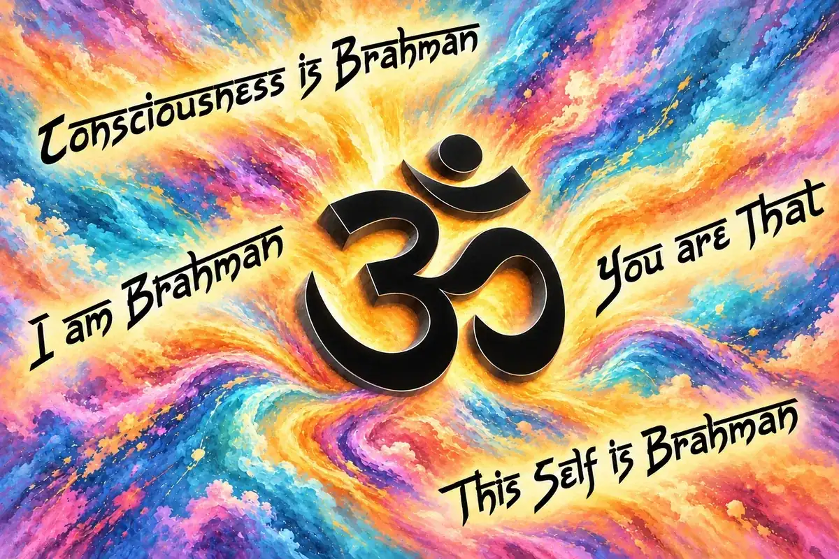 A black three-dimensional OM emerges from a colourful field, surrounded by the sayings: Consciousness is Brahman; I am Brahman; You are That; This Self is Brahman.