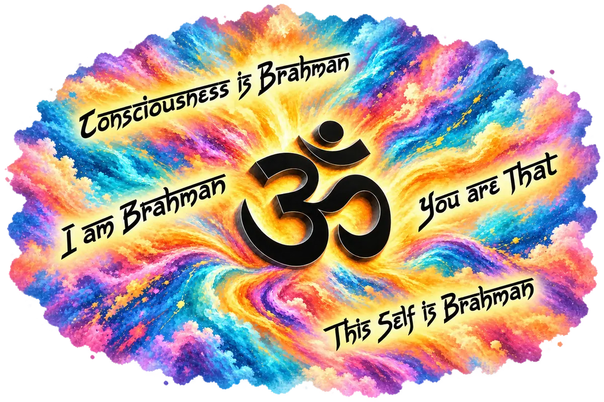 A black three-dimensional OM emerges from a colourful field, surrounded by the sayings: Consciousness is Brahman; I am Brahman; You are That; This Self is Brahman.