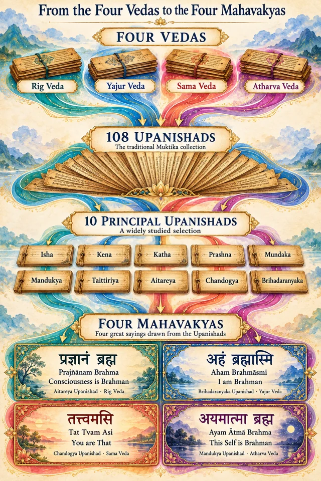 Illustrated progression from the four Vedas to the traditional 108 Upanishads, ten principal Upanishads, and four Mahavakyas with Sanskrit and English meanings.