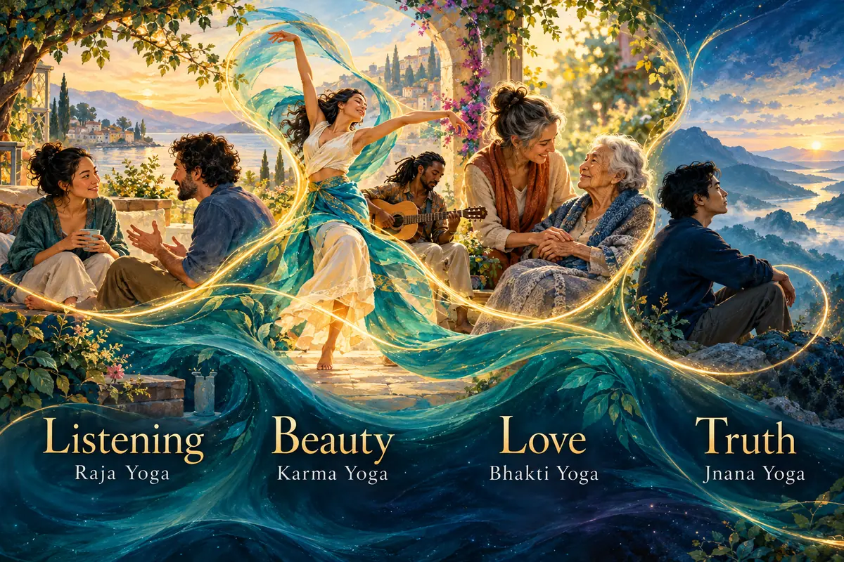 Listening, Beauty, Love and Truth connect the Four Yogas with everyday attention, creative action, caring and self-inquiry.