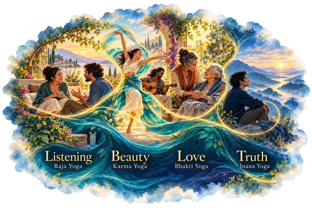 Listening, Beauty, Love and Truth connect the Four Yogas with everyday attention, creative action, caring and self-inquiry.