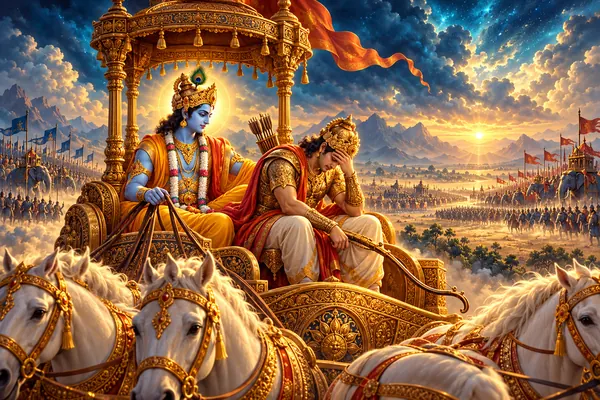 Arjuna sits with his bow lowered in a chariot beside Krishna, between two distant armies.