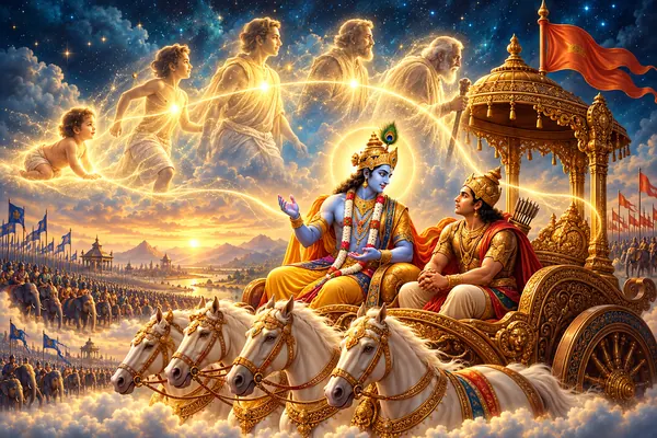 Krishna and Arjuna beside translucent images of childhood, adulthood and old age, joined by steady golden light.