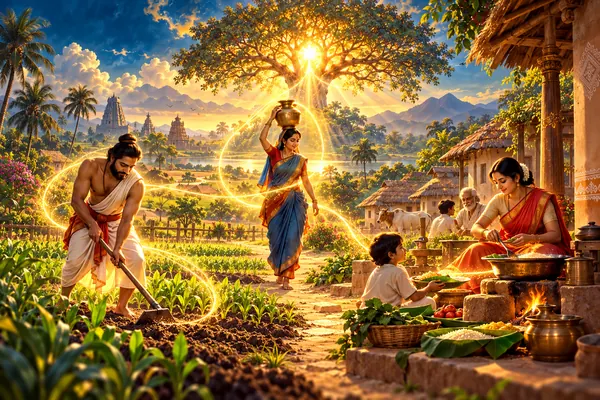 People share work in an ancient Indian village, tending crops, carrying water and preparing food.