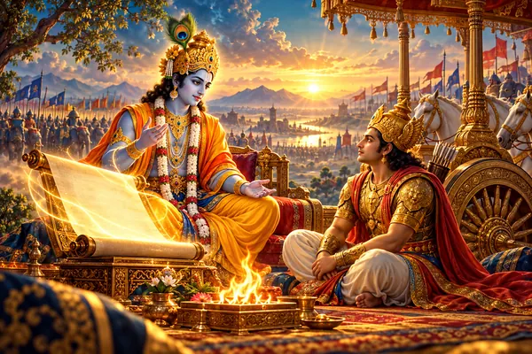 Krishna teaches Arjuna beside an illuminated scroll and a small sacred offering fire.