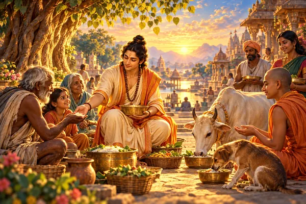 A person offers food with equal care to different people and an animal.