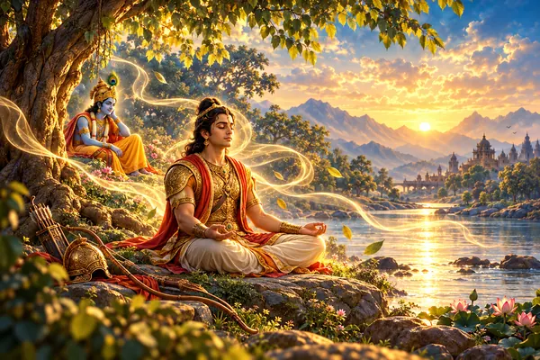 Arjuna meditates beside a river as drifting ribbons settle around a steady golden light.