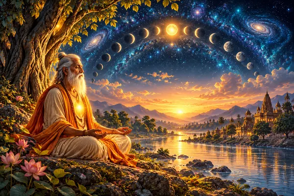 An older contemplative sits by a river at twilight with steady golden light and a distant dawn.