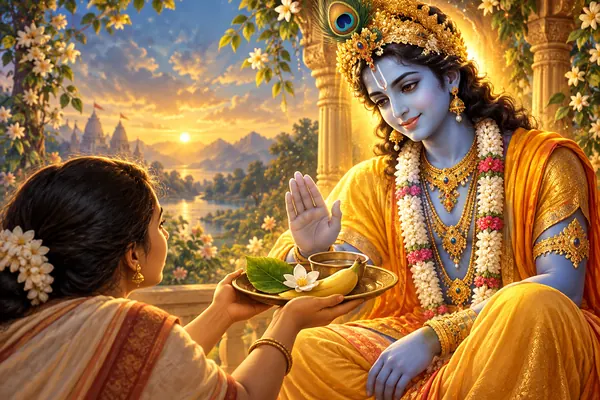 Hands offer a leaf, a flower, fruit and water toward Krishna.