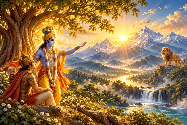 A mountain, river, great tree, rising sun and distant lion share a luminous landscape.