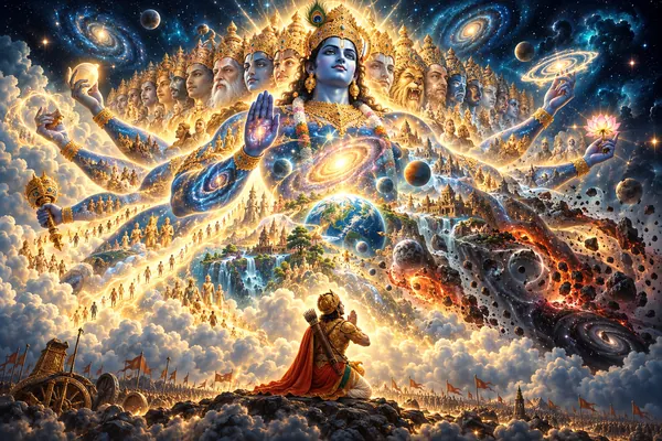 Arjuna kneels before a cosmic form of Krishna containing stars, worlds and dissolving forms.