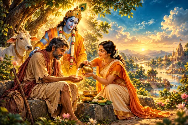 A person offers water to a weary traveller, with Krishna softly present in the background.
