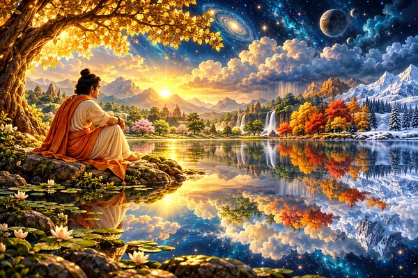 A contemplative in robes sits beside a still lake reflecting a changing landscape beneath steady golden light.