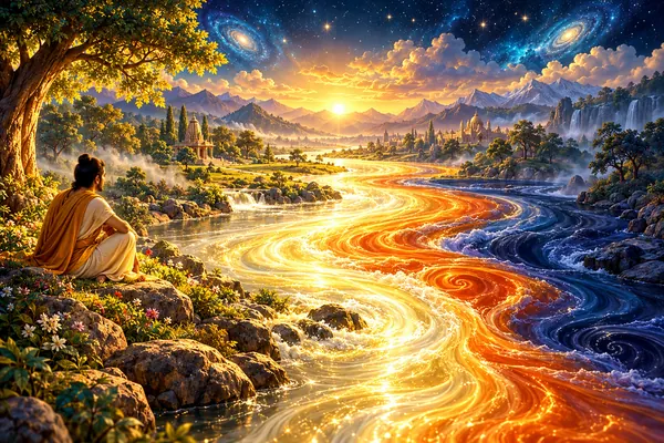 Three currents of pale gold, saffron and indigo flow in one river beside a contemplative observer.