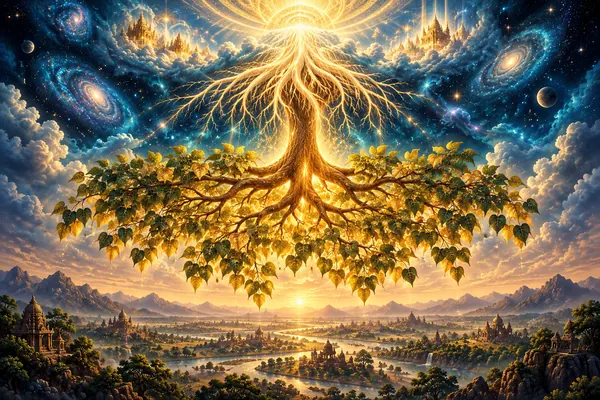 An inverted golden sacred fig tree with roots above and branches and leaves spreading below.