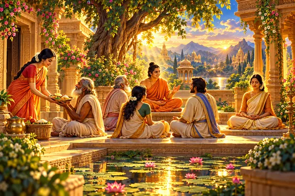 People practise sincere giving, kind conversation and meditation in an ancient Indian courtyard.