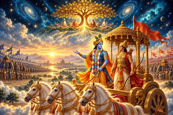 Arjuna holds his bow with calm readiness beside Krishna in their chariot at dawn.