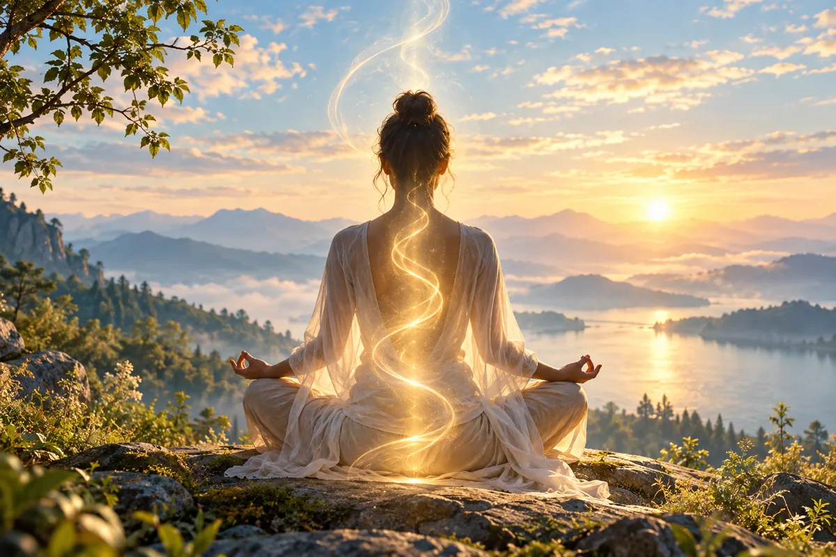A seated figure overlooking a mountain lake with a symbolic golden spiral of light through the body.