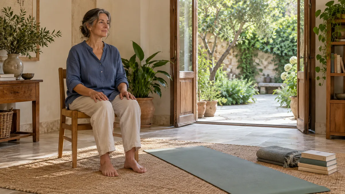 A woman sits comfortably on a chair in a quiet practice room, beside a yoga mat, blanket and books, facing a leafy courtyard.